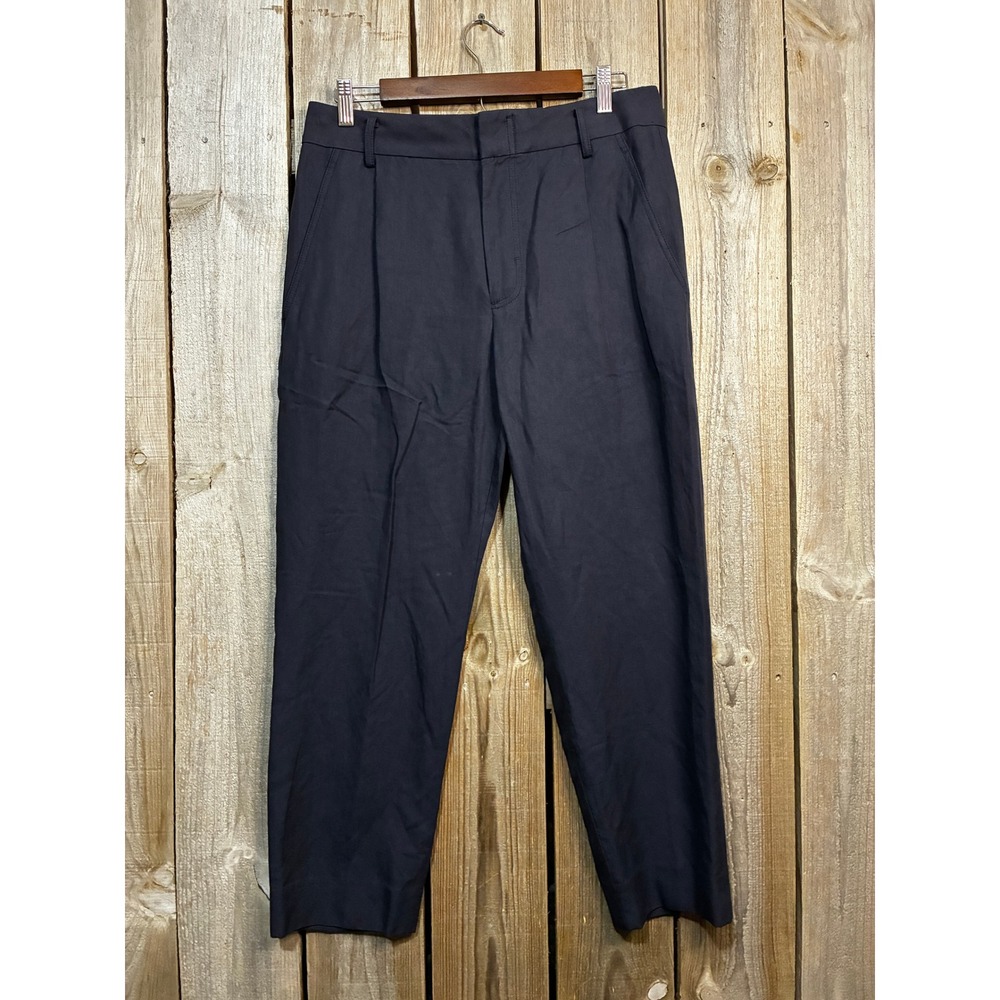 Vince Navy Blue Linen Blend Pleated Tapered Trousers Pants V3867-21323 Size 10